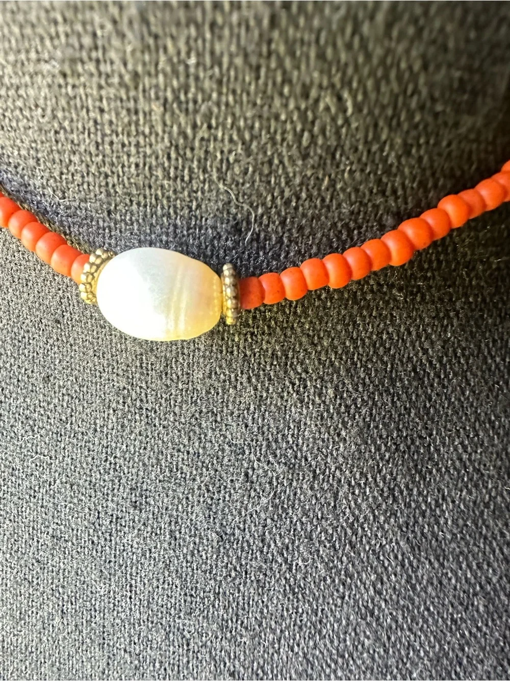 Beaded Orange Choker Necklace with Center Shell Accent